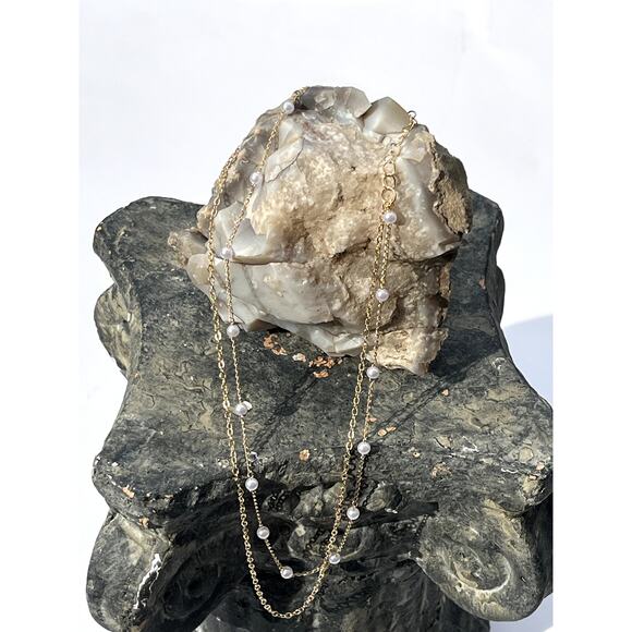 Delicate Double Strand Gold and Pearl Necklace - Picture 1 of 3